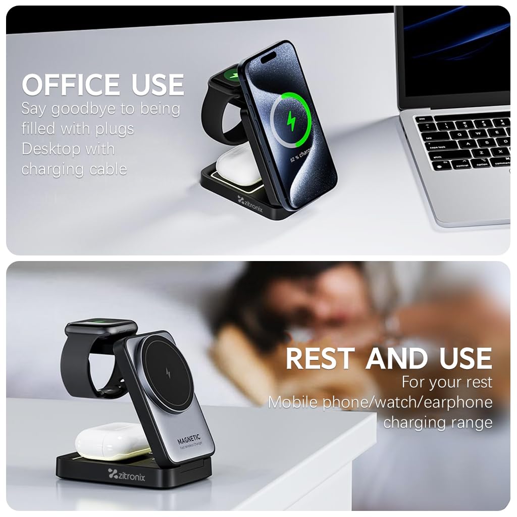 zitronix 3 in 1 Wireless Charging Station Travel Folding Wireless Charger Stand Station for iPhone, iWatch & AirPods Magnetic Mag-Safe Charger Stand 15W Magnetic Wireless Fast Charger zitronix 3 in 1 Wireless Charging Station Travel Folding Wireless Charger Stand Station for iPhone, iWatch & AirPods Magnetic Mag-Safe Charger Stand 15W Magnetic Wireless Fast Charger